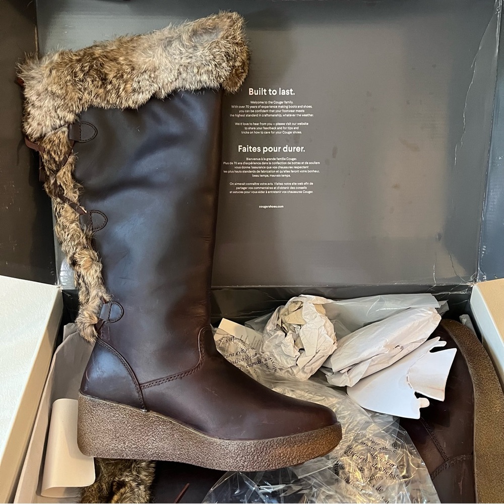 Cougar Brown Rabbit Fur-Trimmed Knee-High Leather Laced Boots - Picture 10 of 14
